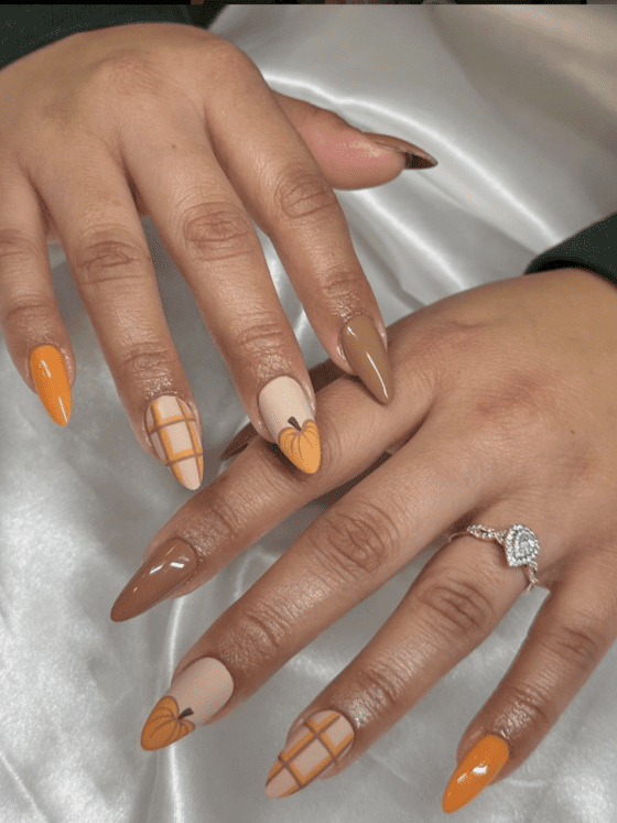 pumpkin nail designs (orange, checkered pattern, pumpkin drawing)