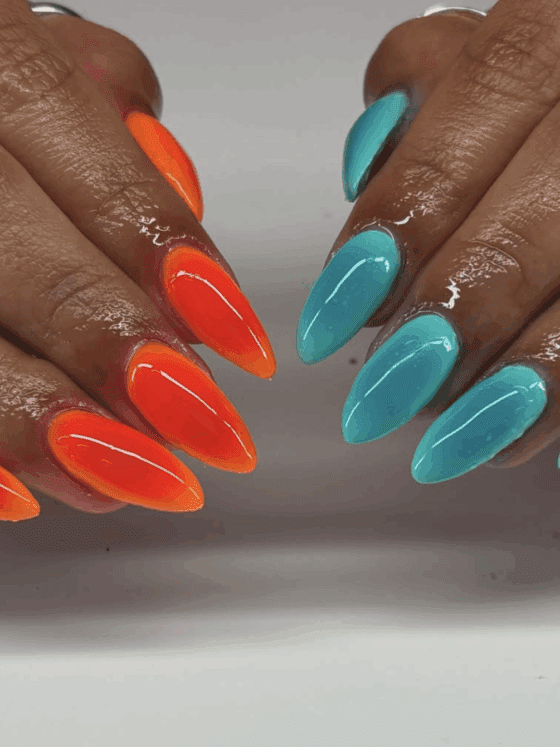 orange and blue shiny aura nail designs