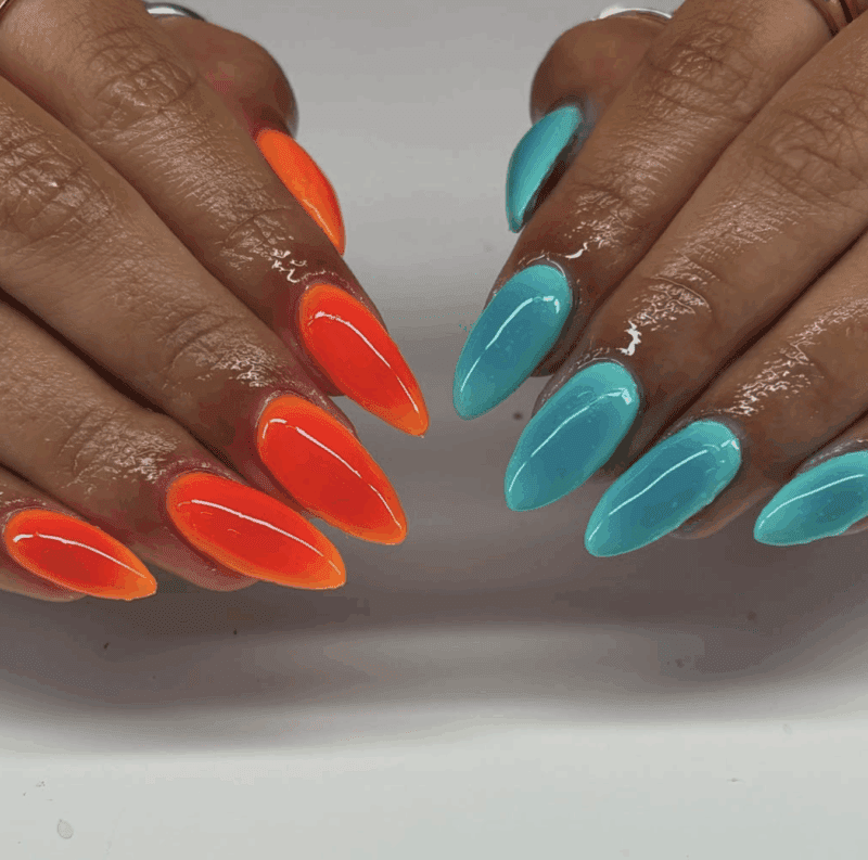 orange and blue shiny aura nail designs