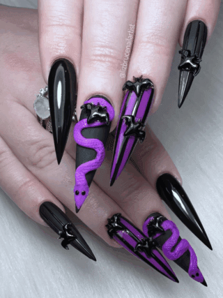 purple and black Halloween Themed Stiletto Nails