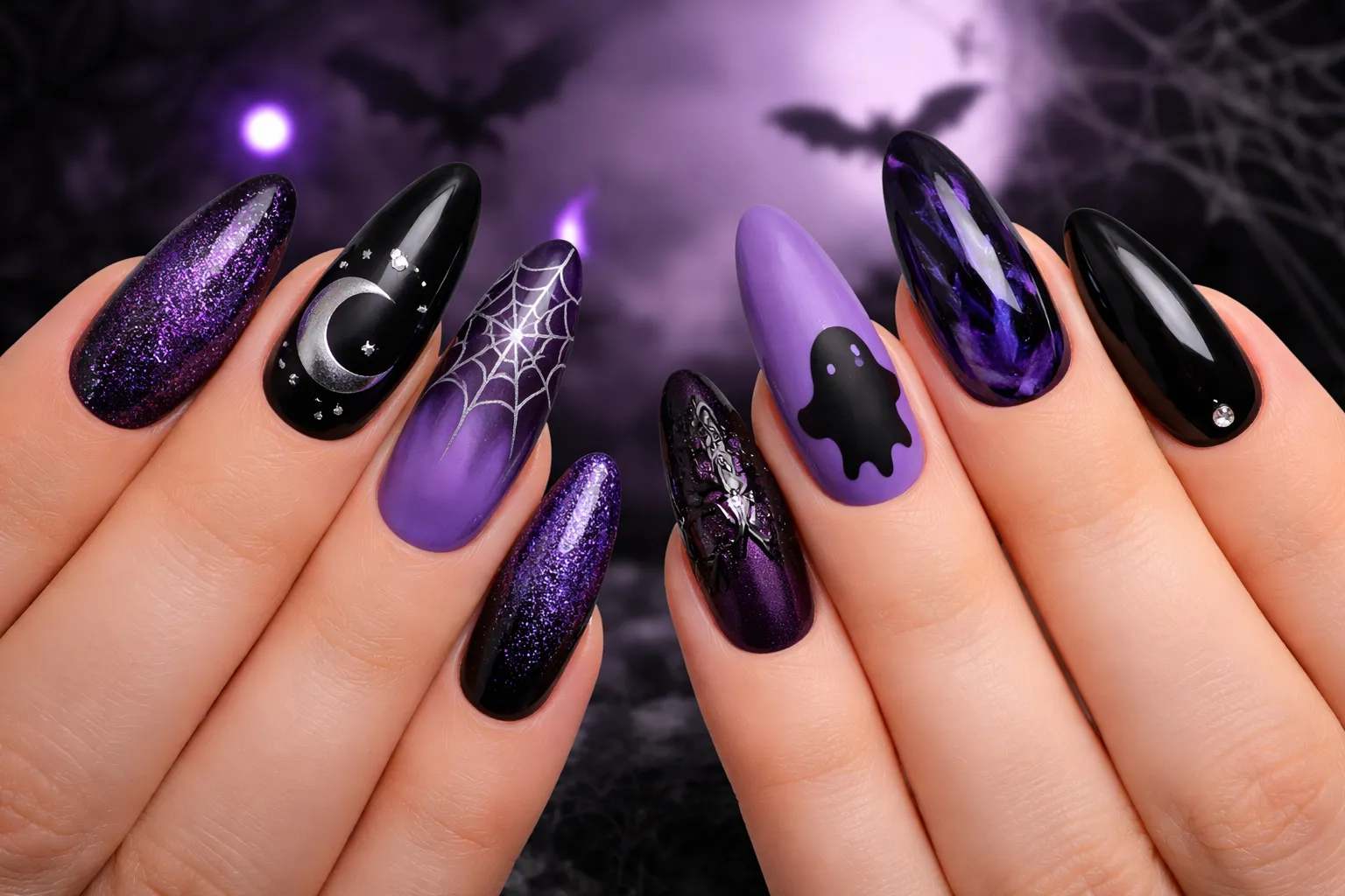Purple and Black Halloween Nails  1