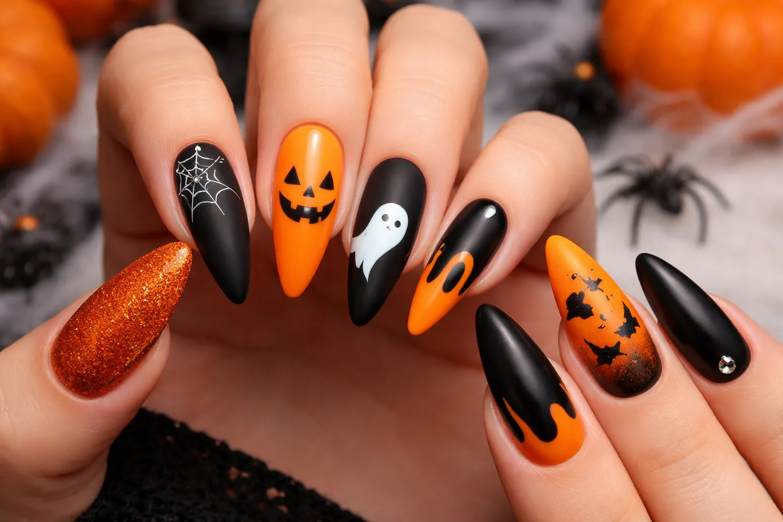 black and orange halloween nails