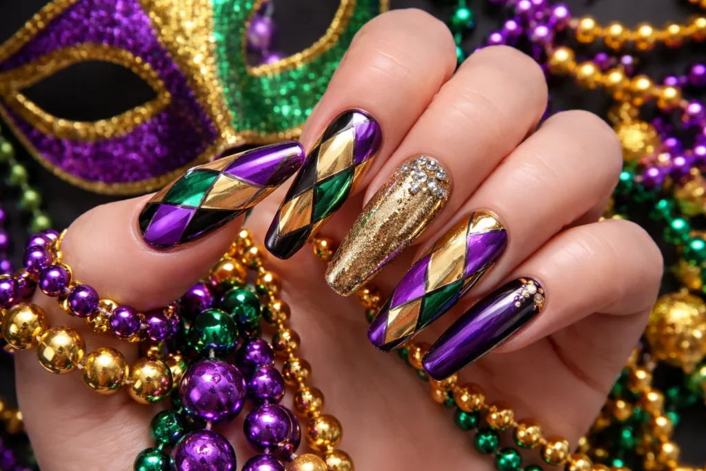 Harlequin Pattern Mardi Gras Nails 3
