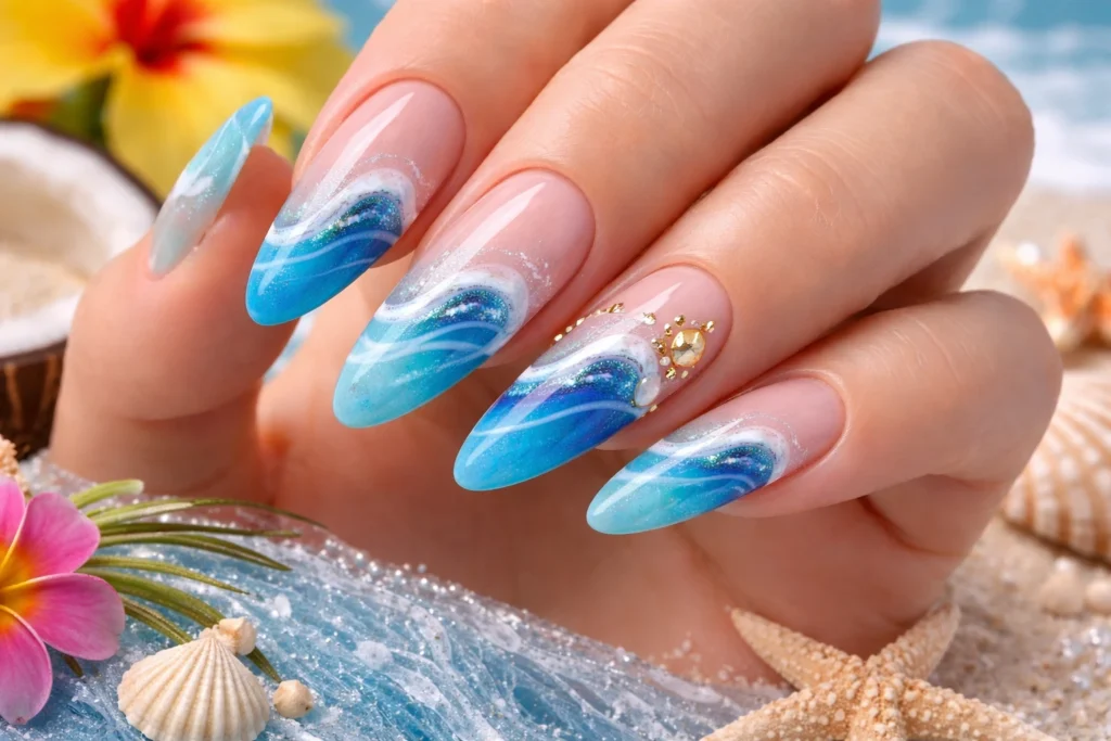 Ocean Inspired Nail Designs with Wave Accents 2